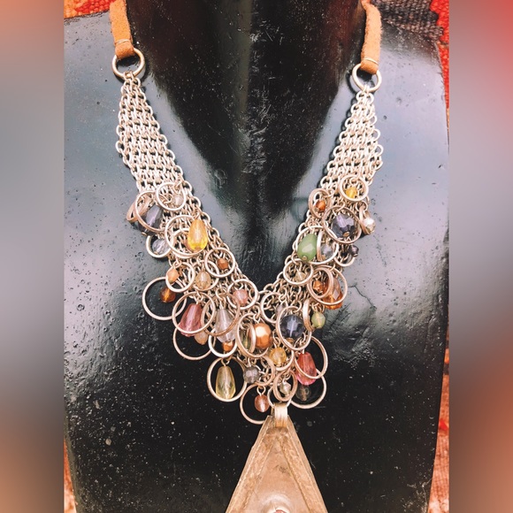 Turkmen Pendant on Beaded Chainmaille Necklace / Vintage Afghan Kuchi Boho - Picture 3 of 4